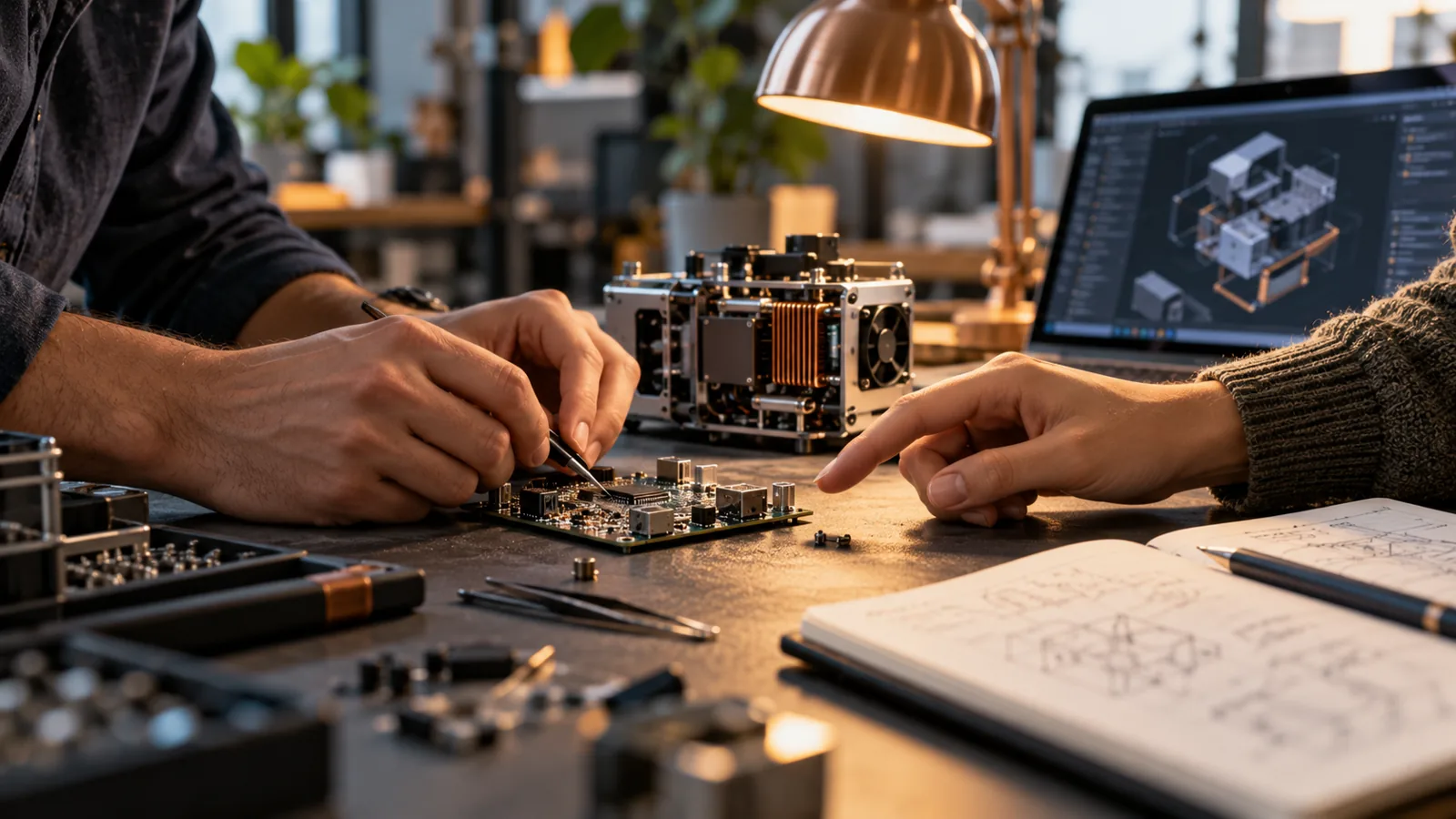 Hands collaborating on a circuit-board prototype at an engineering worktable
