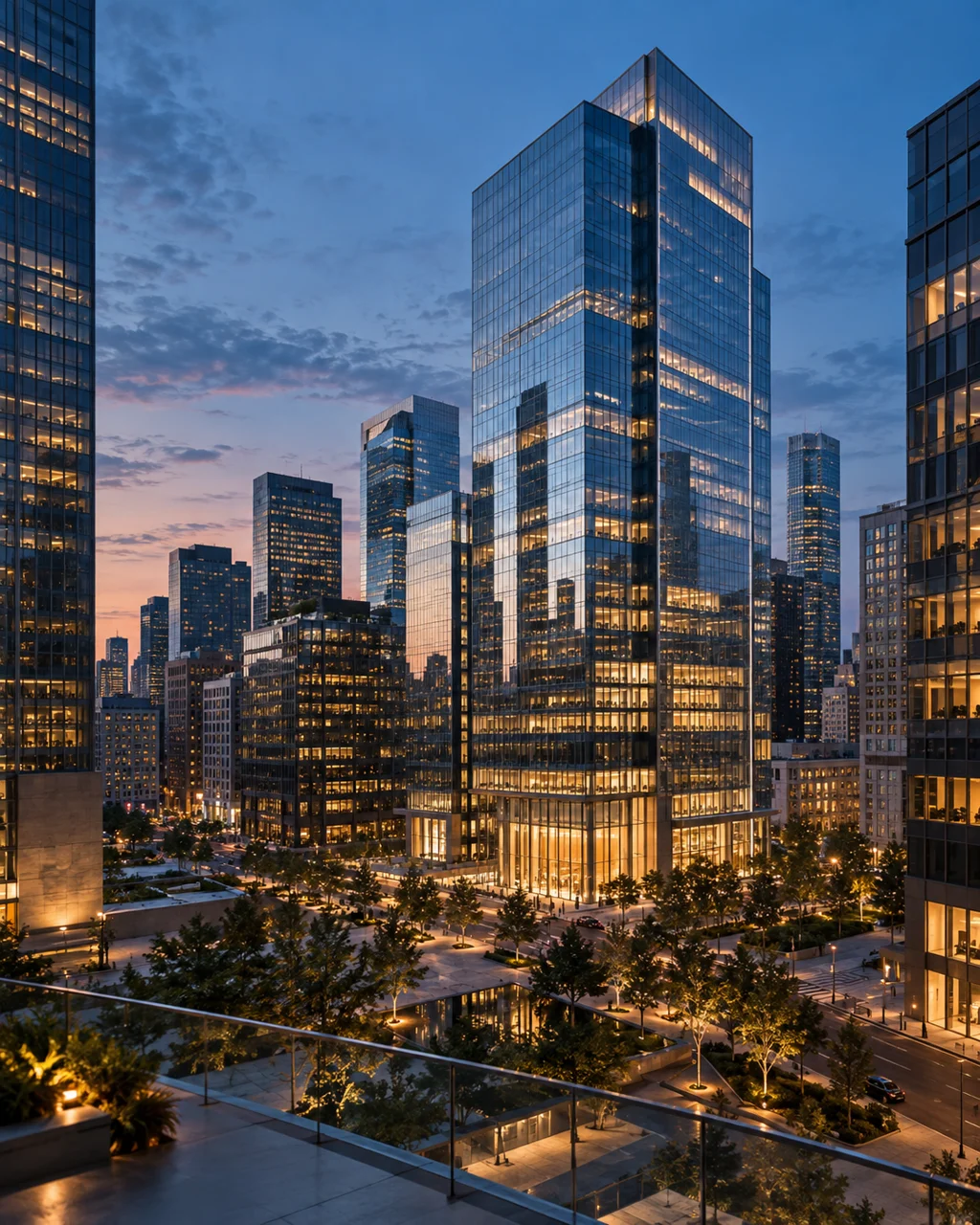 Modern glass office towers and a tree-lined public plaza illuminated at blue hour